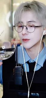 Stylish individual in glasses holding a reflective glass in modern setting.