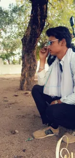 Person sitting under a tree wearing sunglasses with a trendy style.