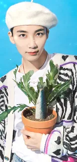 Person with beret holding a plant against a blue backdrop.