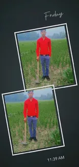 Double photo collage with red shirt in green field, set on black background.