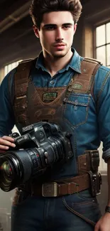 Portrait of a stylish photographer with a camera in a vintage studio setting.