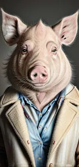 A fashionable pig in a winter coat against a dark background.