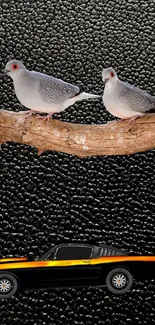 Pigeons on a branch with a classic car below on a textured background.