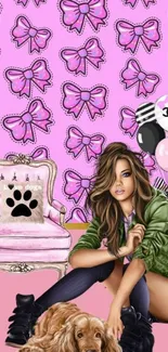 Girl with balloons and dog on pink bow background wallpaper.