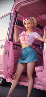 Chic figure stepping out of a pink car in a stylish 3D scene.