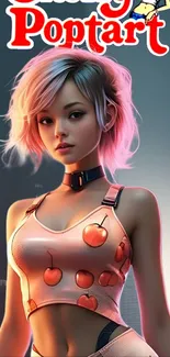 Anime character with pink hair in urban scene.