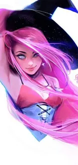 Illustration of a pink-haired witch in fantasy art style.