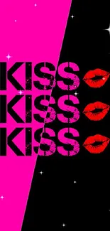 Vibrant pink and black mobile wallpaper with 'KISS' text and lips design.