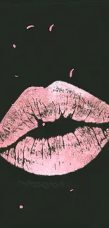 Mobile wallpaper with pink lips on a black background, artistic style.