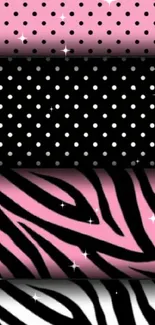 Trendy mobile wallpaper with pink zebra patterns and polka dots.