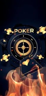 Fiery poker-themed wallpaper with gold accents and dark blue background.