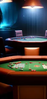 Elegant poker room wallpaper with chips and cards on green table.