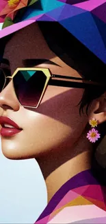 Polygonal art wallpaper of woman in shades and hat. Stylish and colorful design.