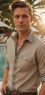 Stylish man poolside in warm evening light.