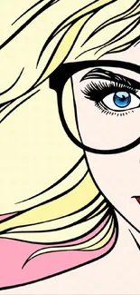 Pop art style illustration of a woman with blonde hair and glasses on pink background.