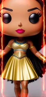 Pop doll in golden dress with flaming background on mobile wallpaper.