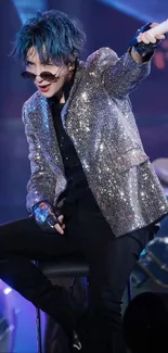 Pop star in silver sequin jacket performing live.