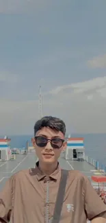 Young man with sunglasses on a ship with ocean background under a clear sky.