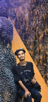 Stylish person posing by a unique sculpture.