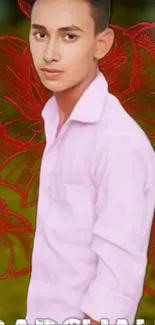 Portrait of a person with a red floral background, designed for mobile wallpaper.