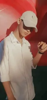 Young person in white shirt and cap against a red background.