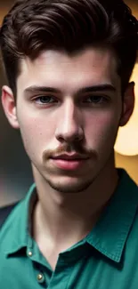 Portrait of young man in green shirt with blurred background and bokeh lights.