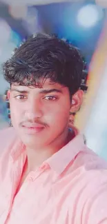 Stylish young man in pink shirt with soft background.