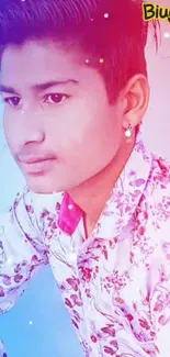 Young man in floral shirt with gradient background.