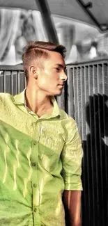 Portrait of a stylish young man in a green shirt under a city backdrop.