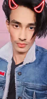 Stylish portrait with red accents on denim jacket