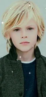 Stylish portrait of a young boy in a classic outfit with gray background.