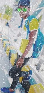 Stylish young man posing on a bridge in colorful attire.