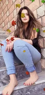 Person sitting on marble steps with brick background.