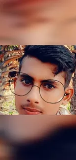 Portrait of a young man with glasses against a natural background.