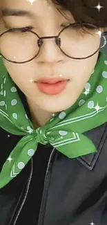 Portrait with glasses and a green polka dot scarf.