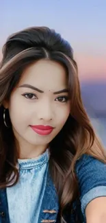 Portrait of a stylish woman in denim against a pastel sky backdrop.