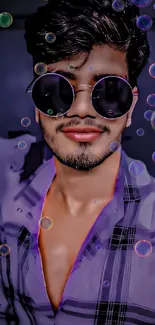 Stylish portrait with sunglasses and bubbles in vibrant colors.