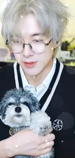 Stylish person with glasses holding a cute dog.