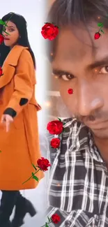 Portrait with orange outfit and red roses accentuating the design.