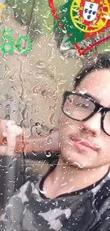 Young person with glasses and raindrop effect on mobile wallpaper.