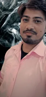 Portrait of man in pink shirt with smoky background.