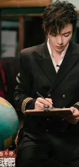 Stylish man writing with a globe in a classy setting.