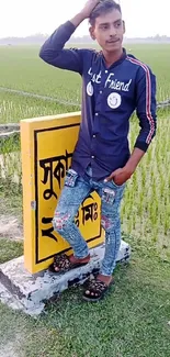 Person posing stylishly by green rice field.