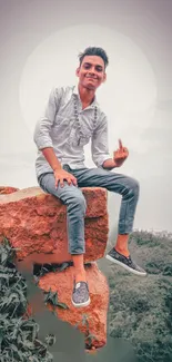 Man in stylish outfit sits on rocky cliff with nature backdrop.