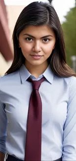 Professional woman in light blue shirt with burgundy tie.