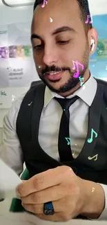 Man in formal attire with musical notes in office.