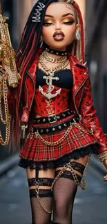 Punk fashion character in red attire with bold accessories.