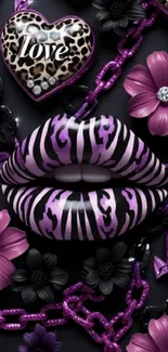 Purple lips and black floral art design.