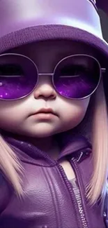 Child in purple hoodie and sunglasses.