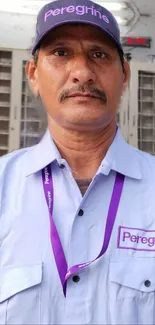 Person wearing a purple Peregrine uniform and cap.